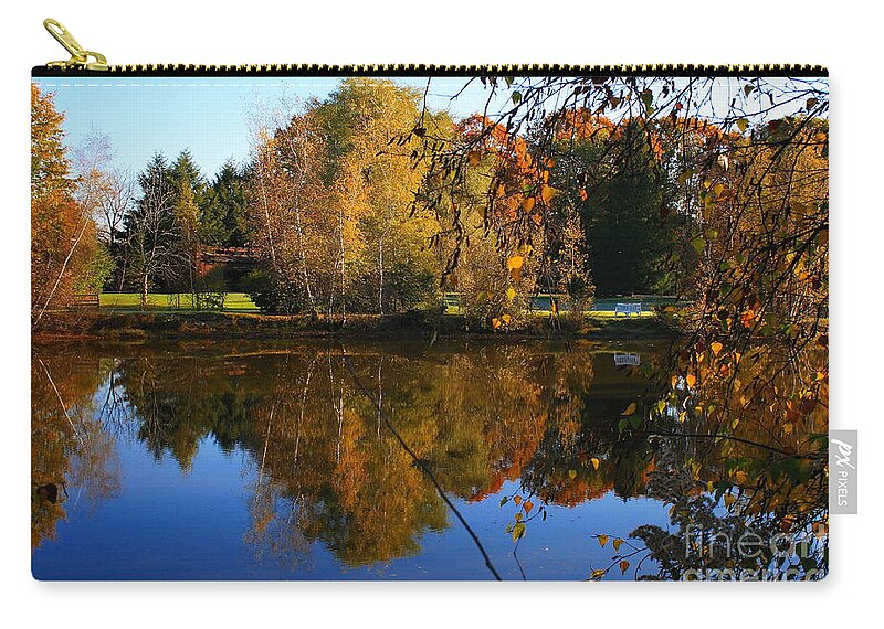 Trees Zip Pouch featuring the photograph Autumn Pond Scene 3 by Angela Rath