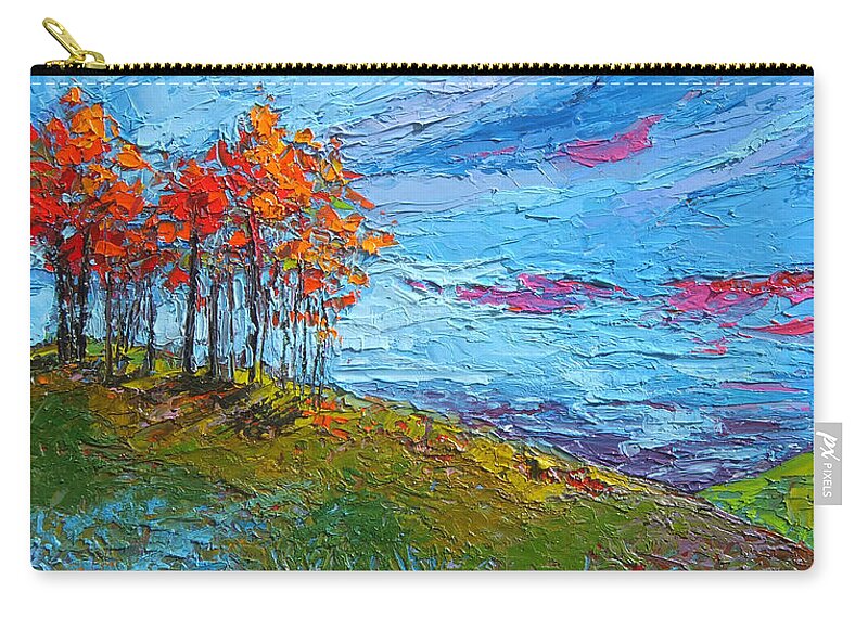 Autumn Colors Zip Pouch featuring the painting Autumn Sunset - Modern Impressionist palette knife oil painting by Patricia Awapara