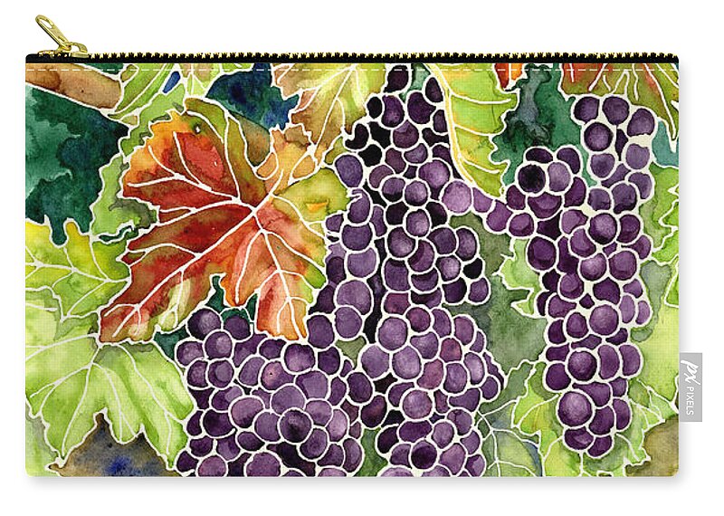 Cabernet Sauvignon Grapes Carry-all Pouch featuring the painting Autumn Vineyard in its Glory - Batik Style by Audrey Jeanne Roberts