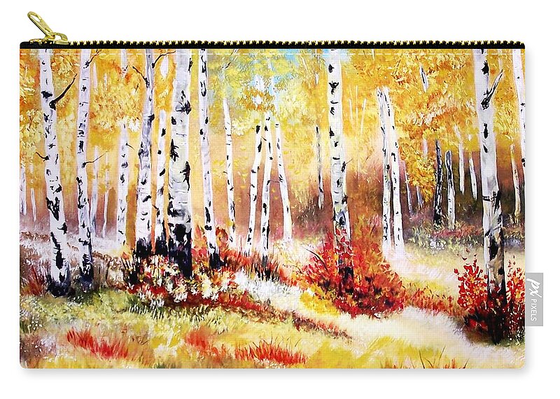 Aspen Zip Pouch featuring the painting Autumns Gold by Leslie Allen