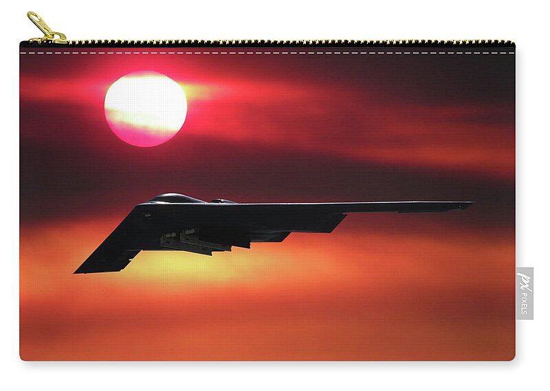 B-2 Stealth Bomber Zip Pouch featuring the mixed media B-2 Stealth Bomber in the Sunset by Erik Simonsen