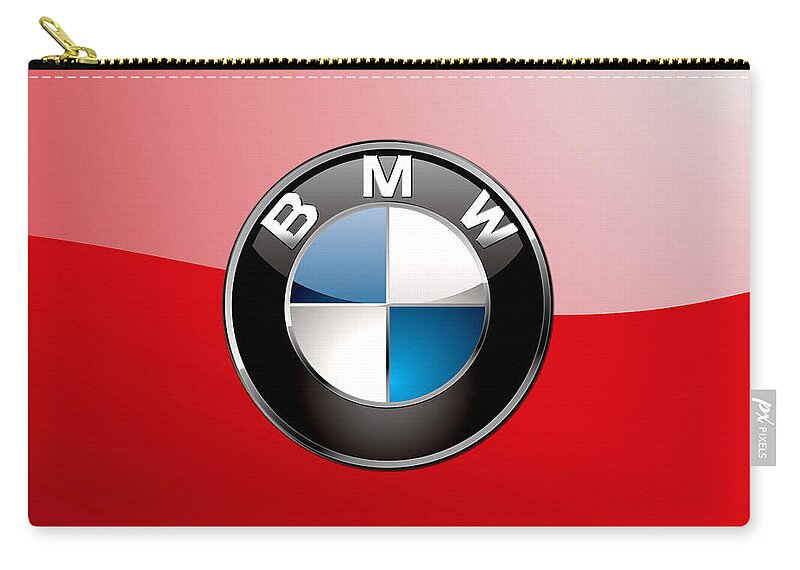 'auto Badges 3d' By Serge Averbukh Carry-all Pouch featuring the photograph B M W Badge On Red by Serge Averbukh