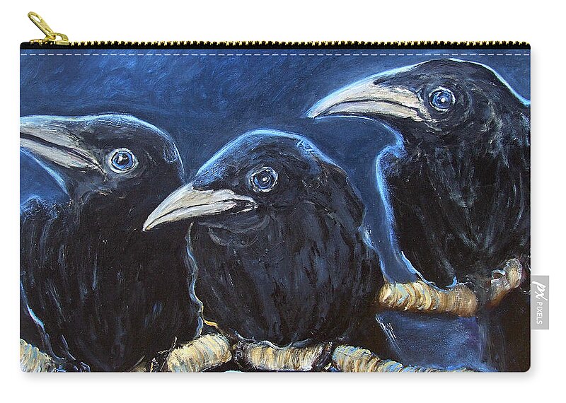 Katt Yanda Original Art Oil Painting Baby Crows Ravens Zip Pouch featuring the painting Baby Crows by Katt Yanda