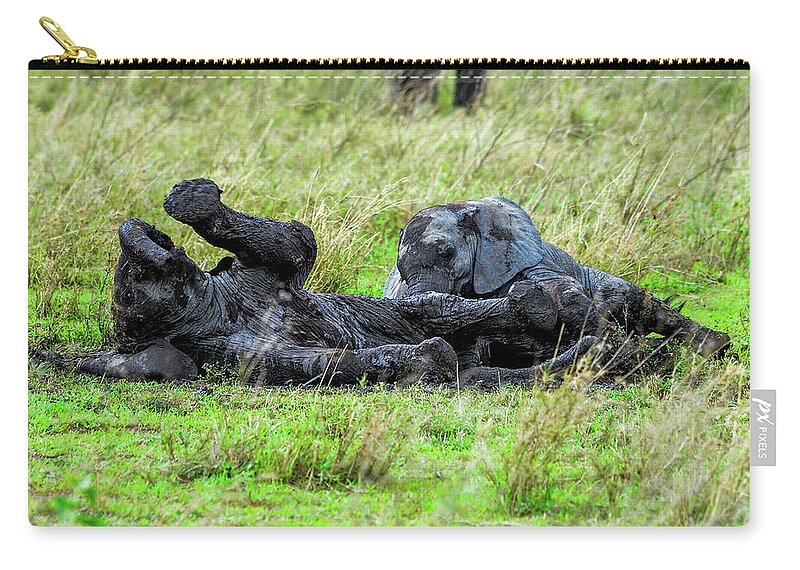 Africa Zip Pouch featuring the photograph Baby Elephants Playing in the Mud by Marilyn Burton