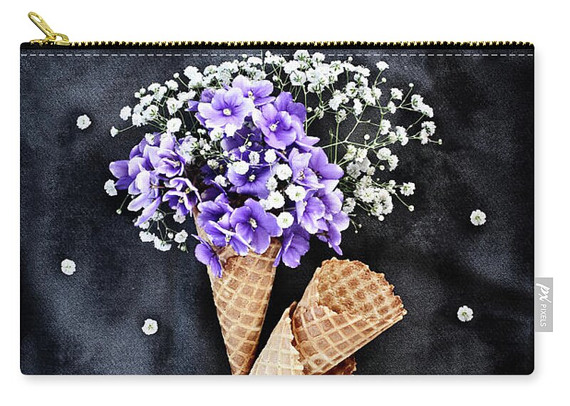 Still Life Zip Pouch featuring the photograph Baby's Breath and Violets Ice Cream Cones by Stephanie Frey