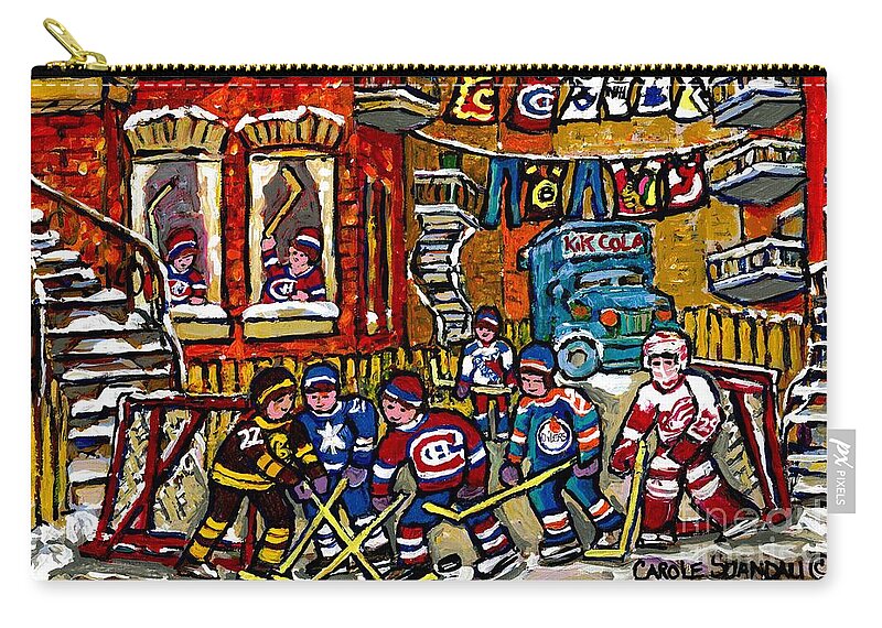Montreal Zip Pouch featuring the painting Backlane Winter In The City Original Six Hockey Art Verdun Montreal Snowy Alley Laneway Canadian Art by Carole Spandau
