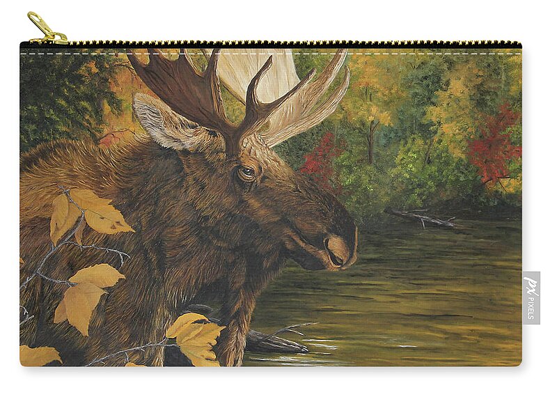 North American Wildlife Zip Pouch featuring the painting Backwater In Autumn - Moose by Johanna Lerwick
