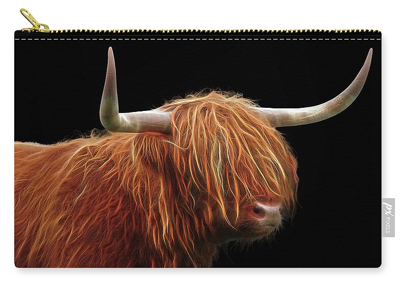 Highland Cow Zip Pouch featuring the photograph Bad Hair Day - Highland Cow - On Black by Gill Billington