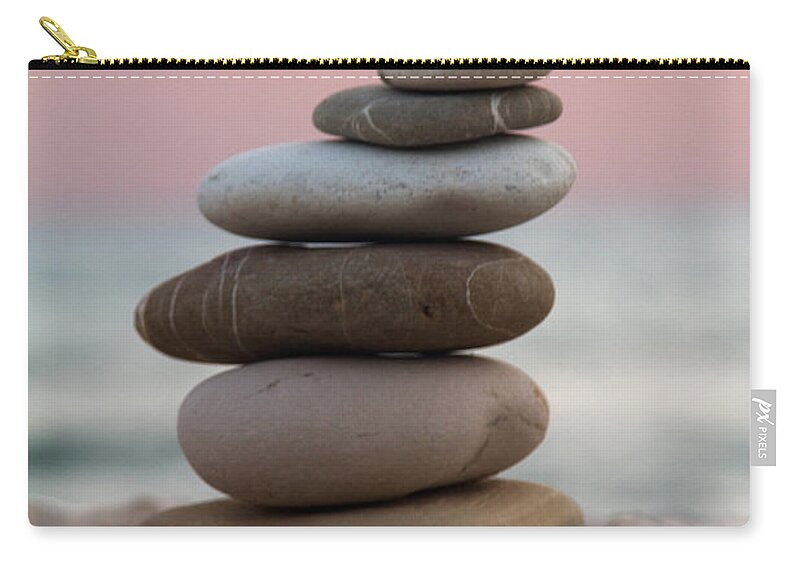 Arrangement Background Balance Beach Beauty Blue Building Color Colour Concept Concepts Construction Design Energy Group Heap Isolated Life Light Natural Nature Ocean Outdoor Pattern Peace Pebble Relax Rock Sand Scene Sea Shape Simplicity Sky Spa Space Stability Stack Stone Summer Sun Top Tower Tranquil Travel Vacation Water White Zen Zip Pouch featuring the photograph Balance by Stelios Kleanthous