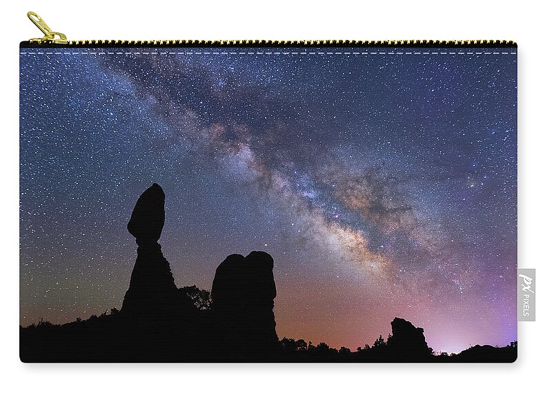 Arches National Park Zip Pouch featuring the photograph Balanced Rock Milky Way by Darren White