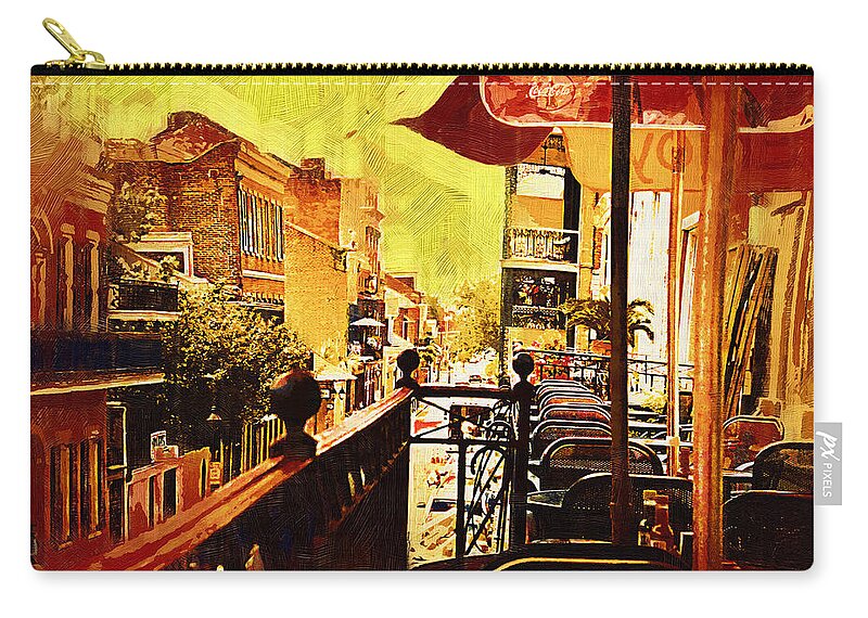 New-orleans Zip Pouch featuring the digital art Balcony Cafe by Kirt Tisdale