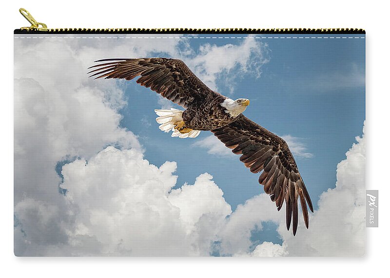 Bald Zip Pouch featuring the photograph Bald Eagle soaring in clouds by Joe Myeress