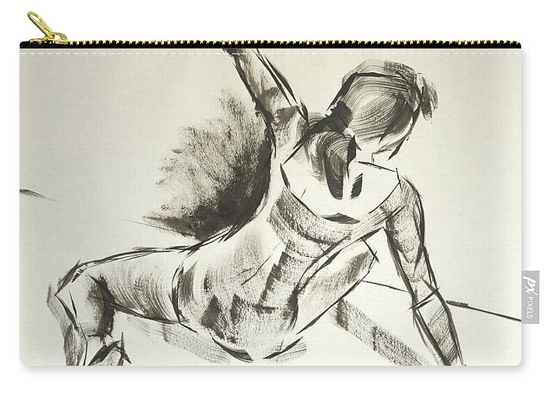 Ballet Zip Pouch featuring the drawing Ballet Dancer Sitting On Floor With Weight On Her Right Arm by Mike Jory