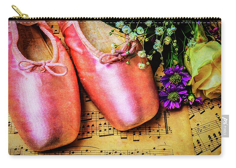Ballet Shoes Shoe Zip Pouch featuring the photograph Ballet Shoes And Old Sheet Music by Garry Gay