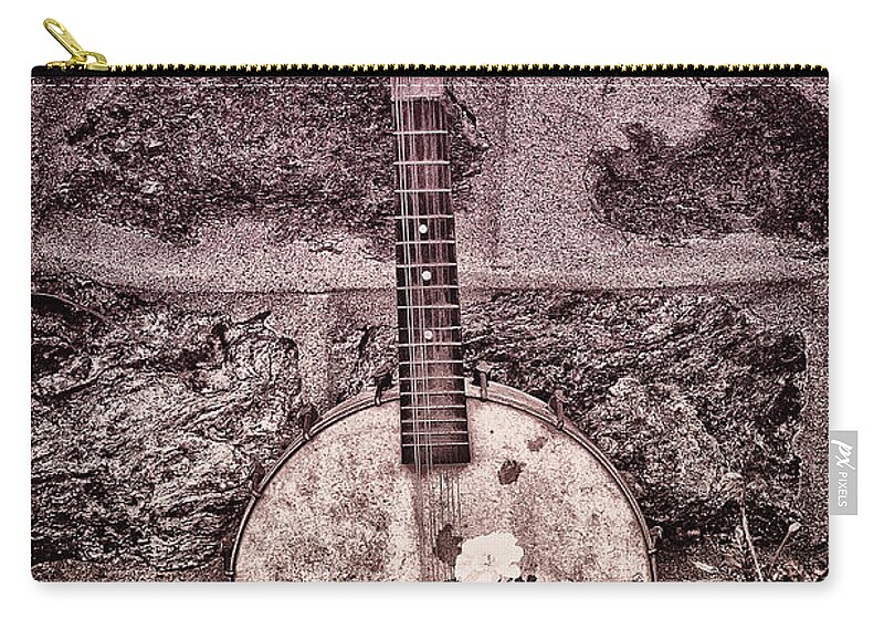 Banjo Zip Pouch featuring the photograph Banjo Mandolin on Garden Wall by Bill Cannon