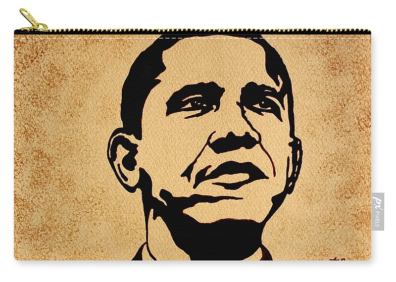Barack Obama Coffee Painting Pop Art Zip Pouch featuring the painting Barack Obama original coffee painting by Georgeta Blanaru