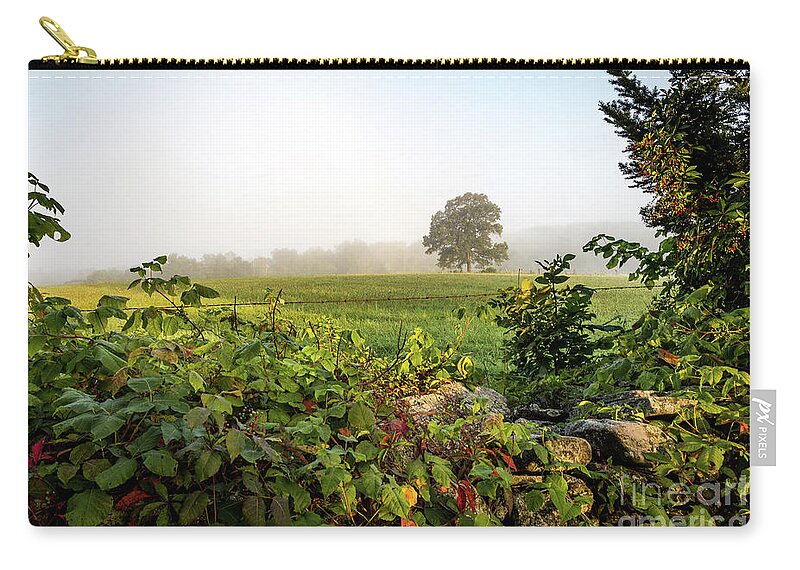 Barbed Wire Fence Zip Pouch featuring the photograph Misty Meadow by Jim Gillen