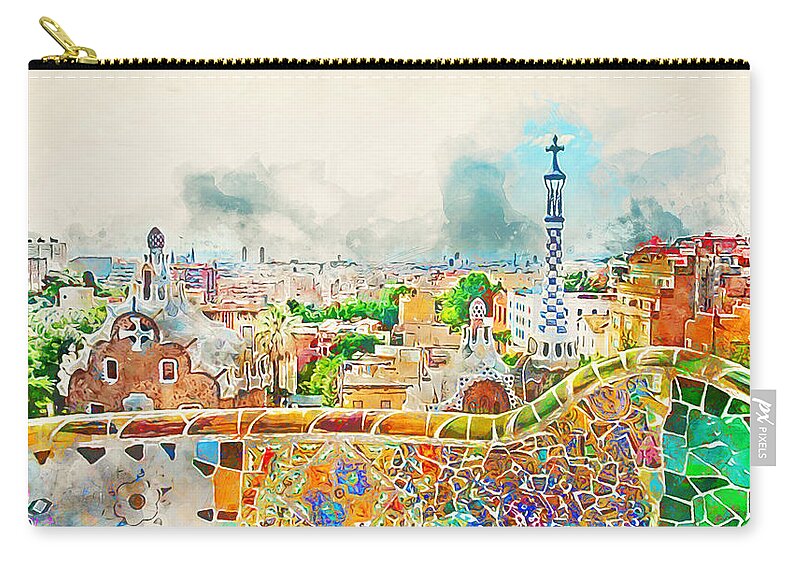Barcelona Parc Guell Zip Pouch featuring the painting Barcelona, Parc Guell - 04 by AM FineArtPrints