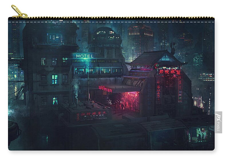Scifi Zip Pouch featuring the painting Barcelona Smoke and Neons Eixample by Guillem H Pongiluppi