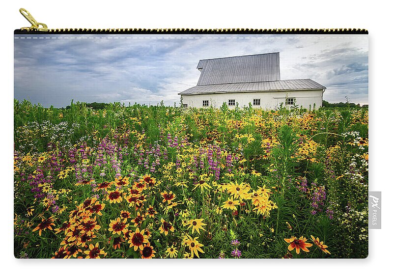 Gloriosa Daisy Carry-all Pouch featuring the photograph Barn and Wildflowers by Ron Pate