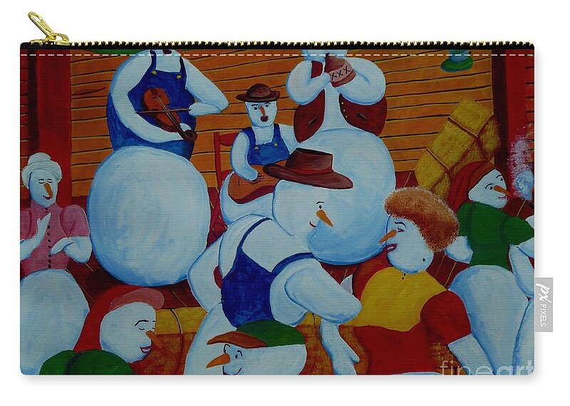 Snow Zip Pouch featuring the painting Barn Dancing Snowmen by Anthony Dunphy