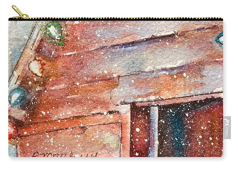 Christmas Cards By Rebecca Matthews Carry-all Pouch featuring the painting Barn in snow by Rebecca Matthews