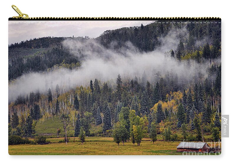 Barn Zip Pouch featuring the photograph Barn in the Mist by Randy Rogers
