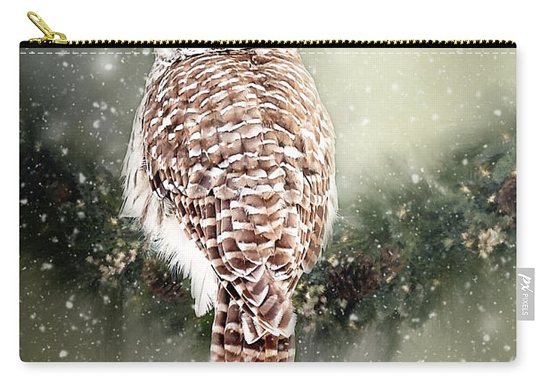 Barred Owl Print Zip Pouch featuring the photograph Barred Owl in the Snow by Gwen Gibson