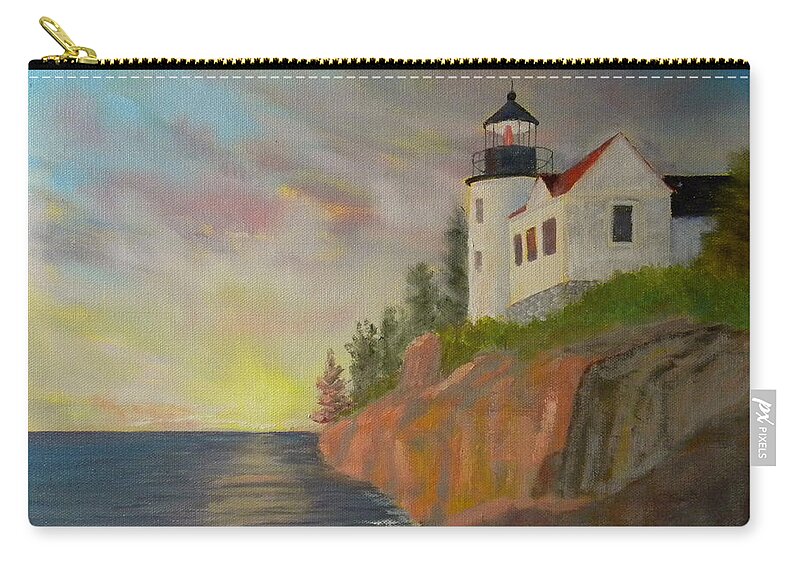 Beach Seascape Lighthouse Ocean Sunrise Rocks Sea Maine Harbor Landscape Artist Scott White Zip Pouch featuring the painting Bass Harbor Light by Scott W White