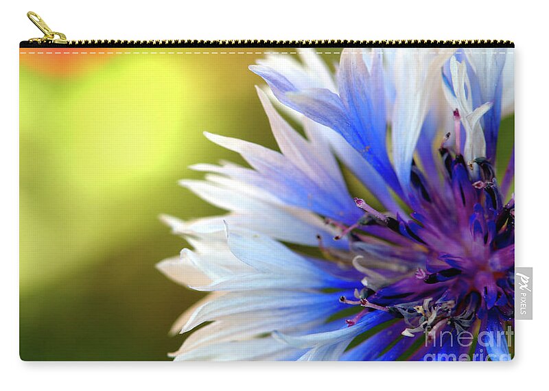 Macro.flower Carry-all Pouch featuring the photograph Batchelors Blue and white button by Baggieoldboy