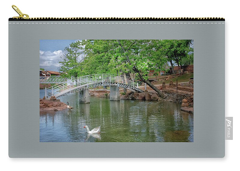 Medicine Park Zip Pouch featuring the photograph Bath Lake Bridge by Jolynn Reed