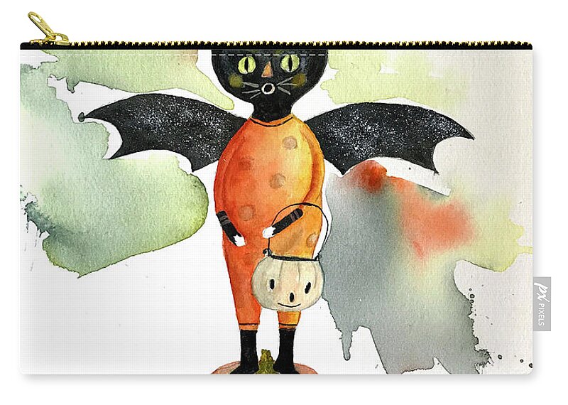 Bat Zip Pouch featuring the painting Batty Vintage Cat by Hilda Vandergriff