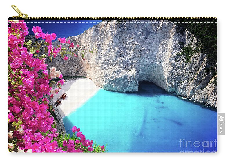 Navagio Zip Pouch featuring the photograph Flying over of Zakinthos island by Anastasy Yarmolovich