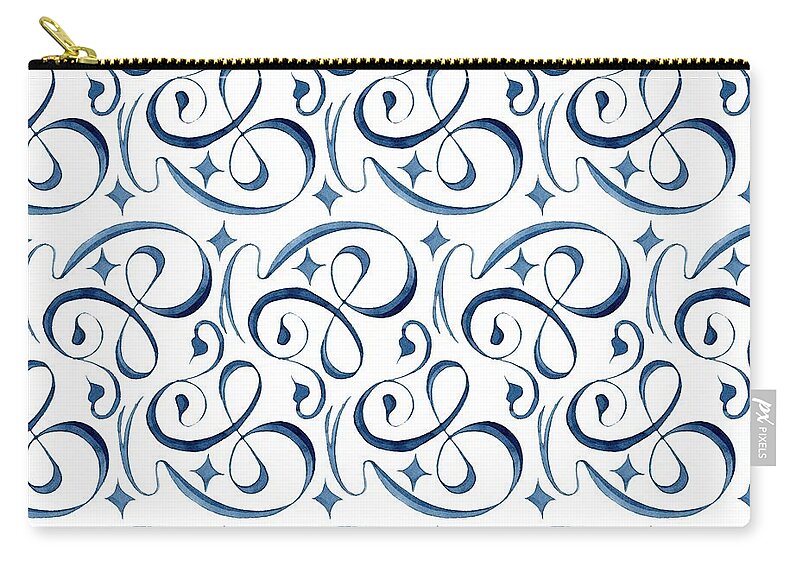 Indigo Blue Zip Pouch featuring the painting Beach House Indigo Star Swirl Scroll Pattern by Audrey Jeanne Roberts
