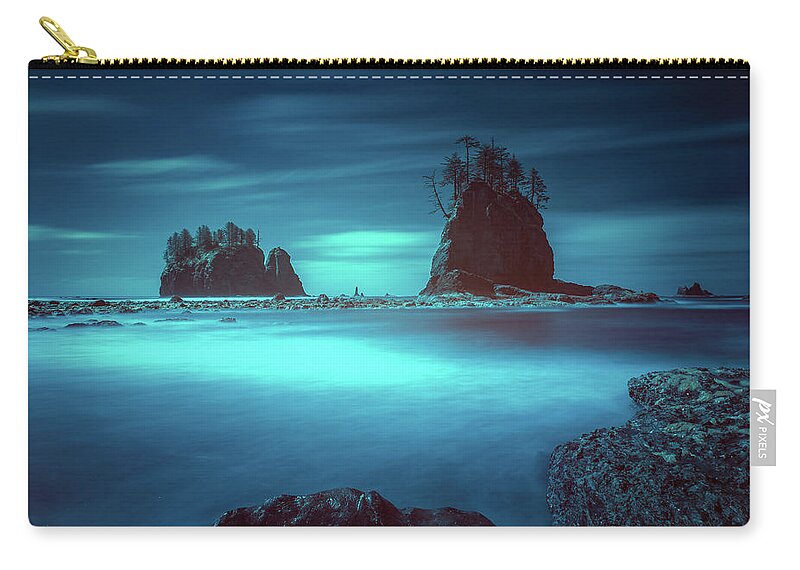 La Push Zip Pouch featuring the photograph Beach with sea stacks in moody lighting by William Lee