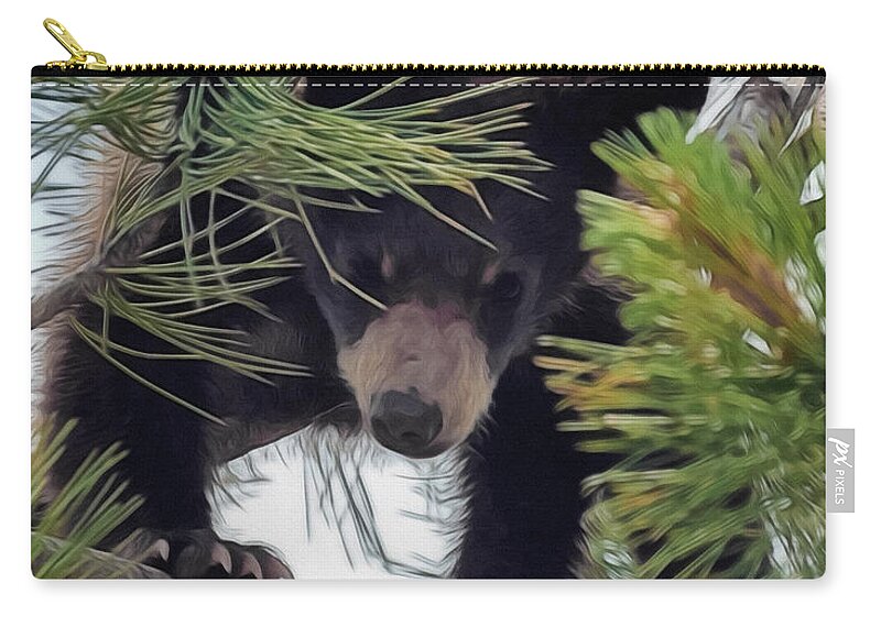 Bears Zip Pouch featuring the digital art Bear Cub Playing in a Tree 2 by Ernest Echols