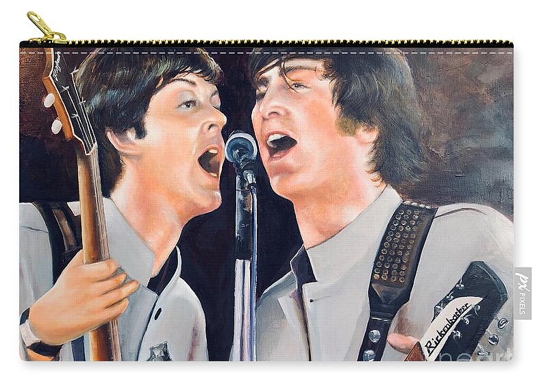 John Lennon Zip Pouch featuring the painting Beatles at Shea Stadium by Leland Castro