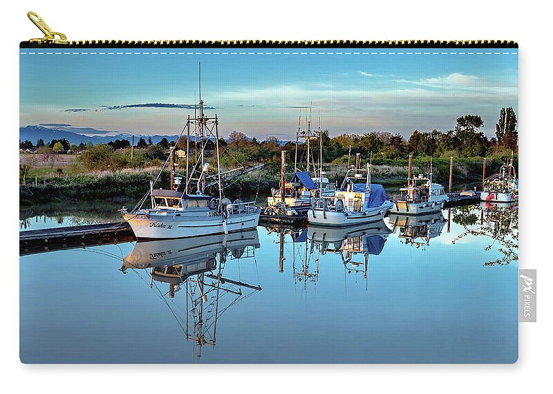 Alex Lyubar Zip Pouch featuring the photograph Beautiful reflection of Fishing Boats by Alex Lyubar