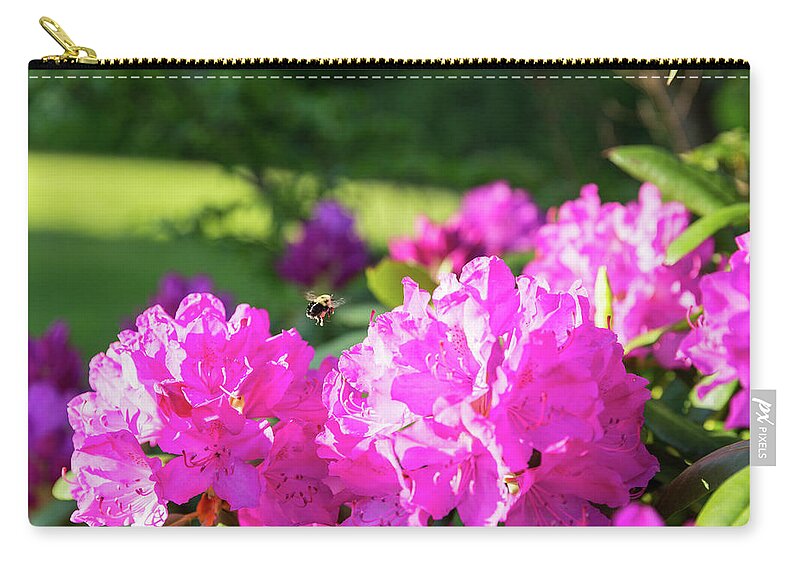 Bee Carry-all Pouch featuring the photograph Bee Flying Over Catawba Rhododendron by D K Wall