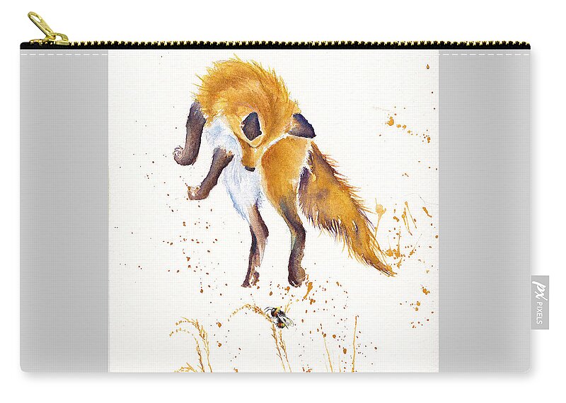 Fox Zip Pouch featuring the painting Bee Jumping - Leaping Fox by Debra Hall