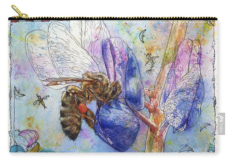 Lupin Zip Pouch featuring the painting Bee on Blue Lupin blossom. by Petra Rau