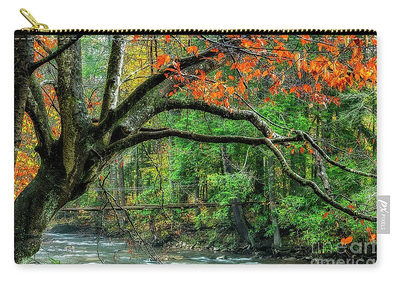 Elk River Zip Pouch featuring the photograph Beech Tree and Swinging Bridge by Thomas R Fletcher