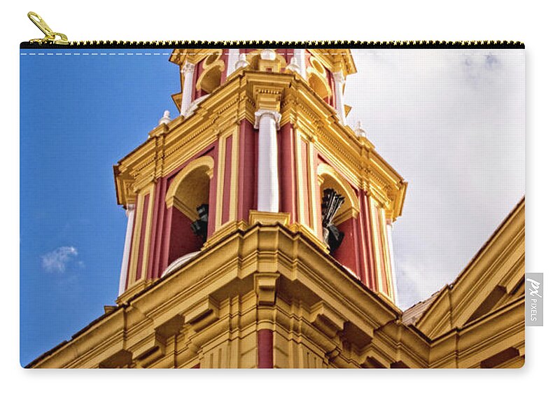 Bell Tower Zip Pouch featuring the photograph Bell Tower in Pink and Yellow - Seville by Mary Machare