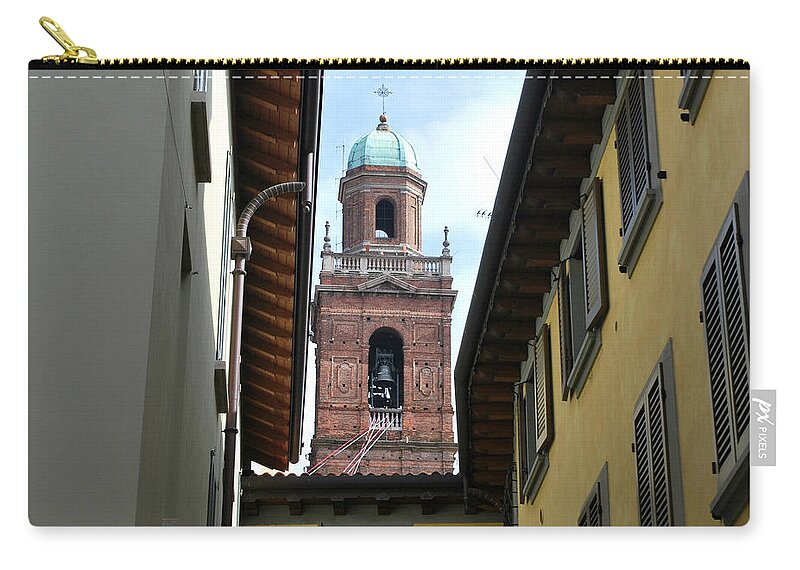 Caravaggio Zip Pouch featuring the photograph Bell Tower Through the Buildings by Fabio Caironi