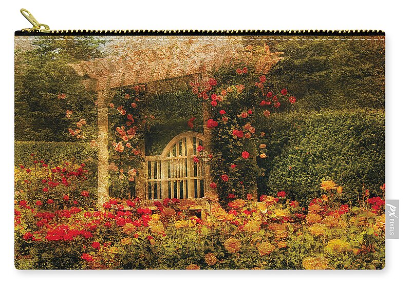 Roses Zip Pouch featuring the photograph Bench - The Rose Garden by Mike Savad