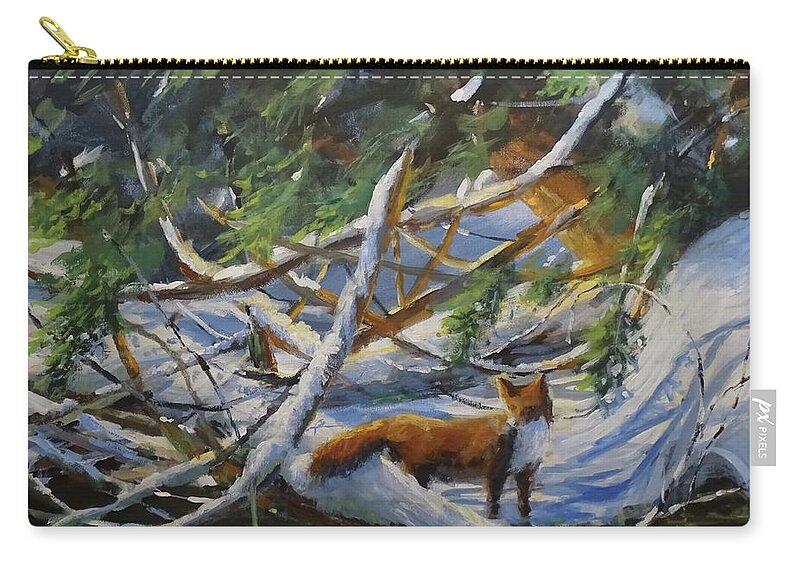 Fox Zip Pouch featuring the painting Beneath the Cedars by Sandra Strohschein