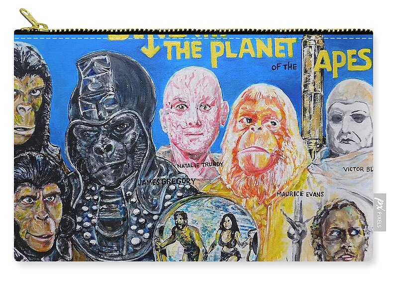 Planet Of The Apes Beneath The Plane To Fthe Apes Arthur P Jacobs Charlton Heston James Gregory Victo Rbuono James Franciscus Kim Hunter Linda Harrison Zira Cornelius Dr.zaius General Ursus Science Fiction 1970 20th Century Fox Hollywood California 1970 Zip Pouch featuring the painting Beneath The Planet Of The Apes - 1970 Lobby Card that Never Was by Jonathan Morrill