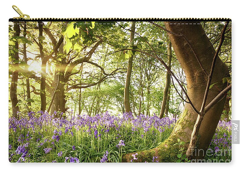 Forest Carry-all Pouch featuring the photograph Bent tree in bluebell forest by Simon Bratt