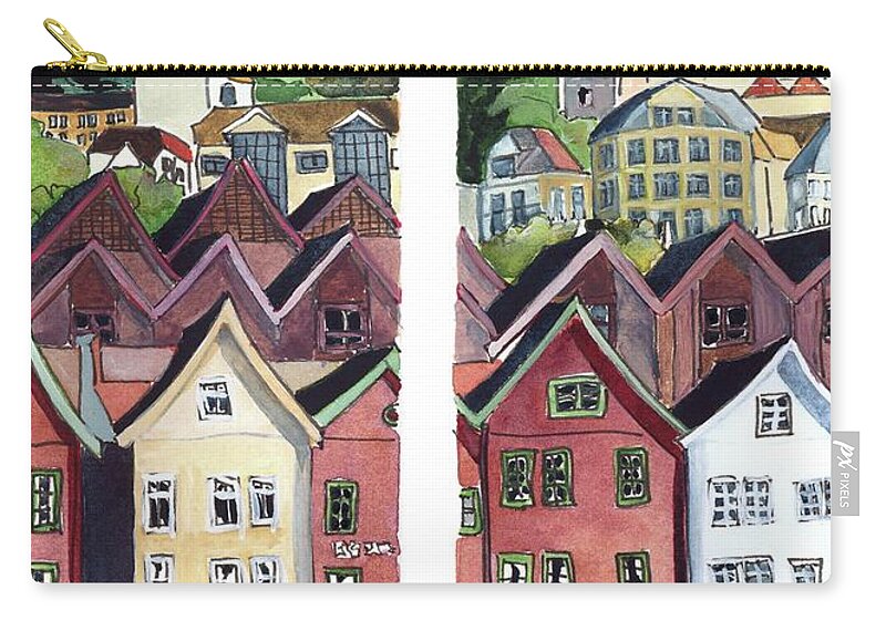 Bergen  Norway Townscape Historic Port  Zip Pouch featuring the painting Bergen, Norway by Joan Cordell