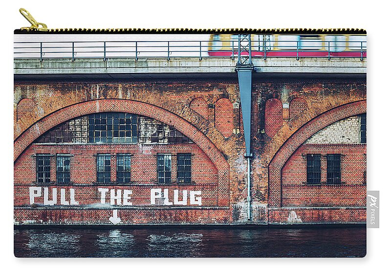 Berlin Zip Pouch featuring the photograph Berlin Street Art - Pull the Plug by Alexander Voss
